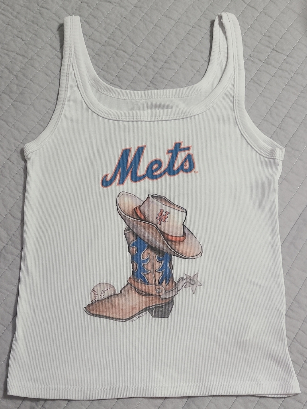 NWOT Tiny Turnip Youth White Cowboy Boot Tri-blend Tank Top New York Mets Sz L Y